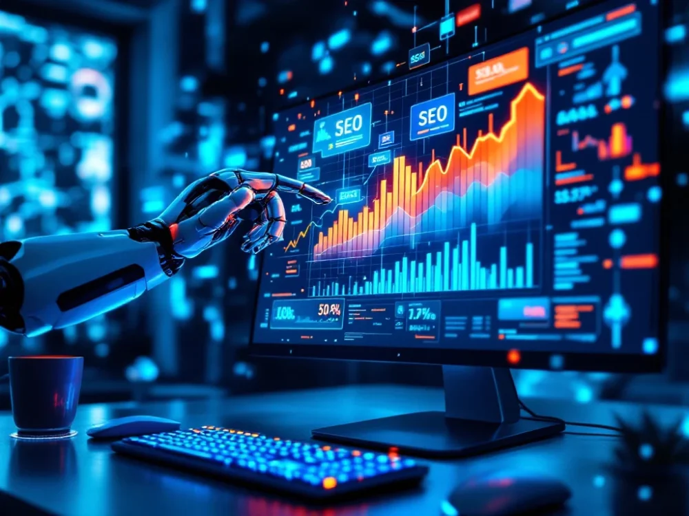 Futurystyczne stanowisko pracy z monitorem wyświetlającym analizy SEO i algorytmy AI. Robotyczna ręka dostosowuje treść przy klawiaturze i holograficznych rankingach wyszukiwania.