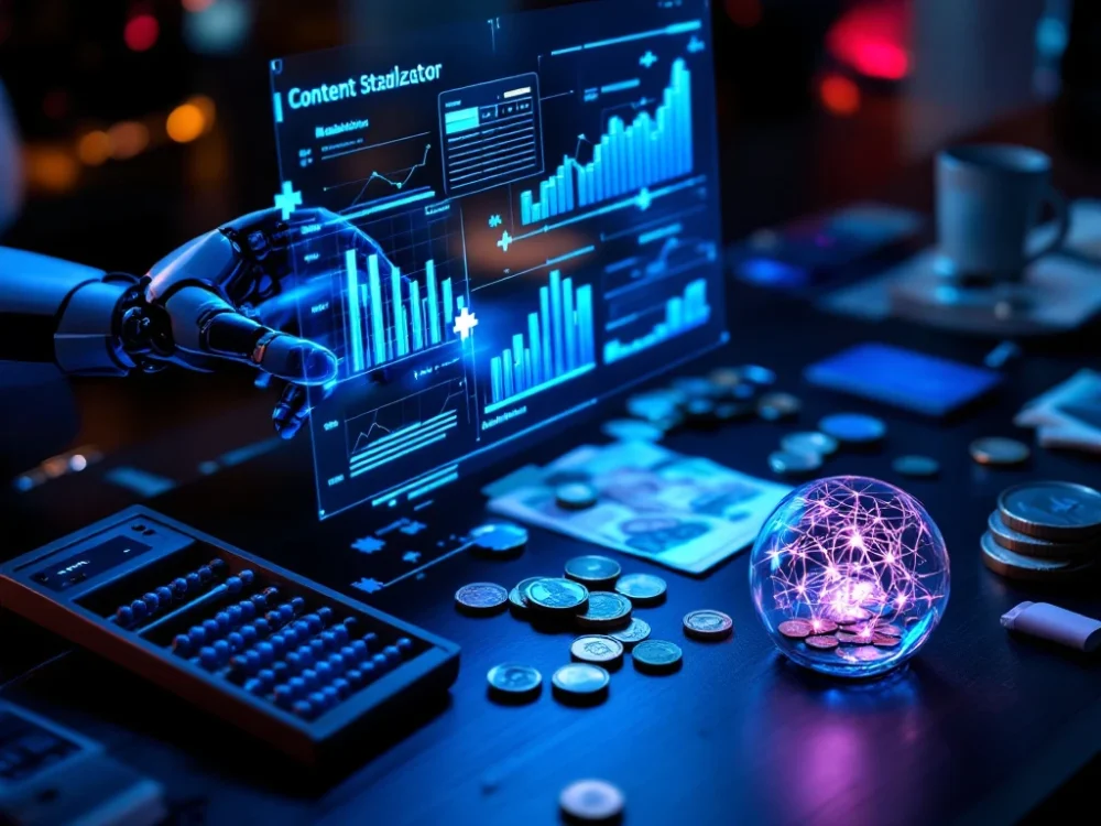 Futurystyczne biurko z holograficznymi pulpitami analitycznymi, robotycznym ramieniem układającym strategię marketingową i świecącym abakusem do kalkulacji kosztów.