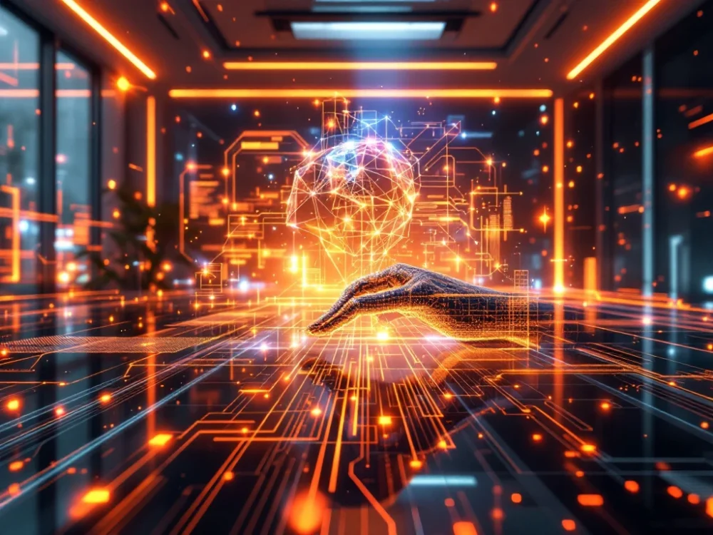 Futurystyczne biurko z holograficznym wykresem wzrostu strony i modelem AI. W tle kod i słowa kluczowe SEO w granatowo-błękitnej kolorystyce.