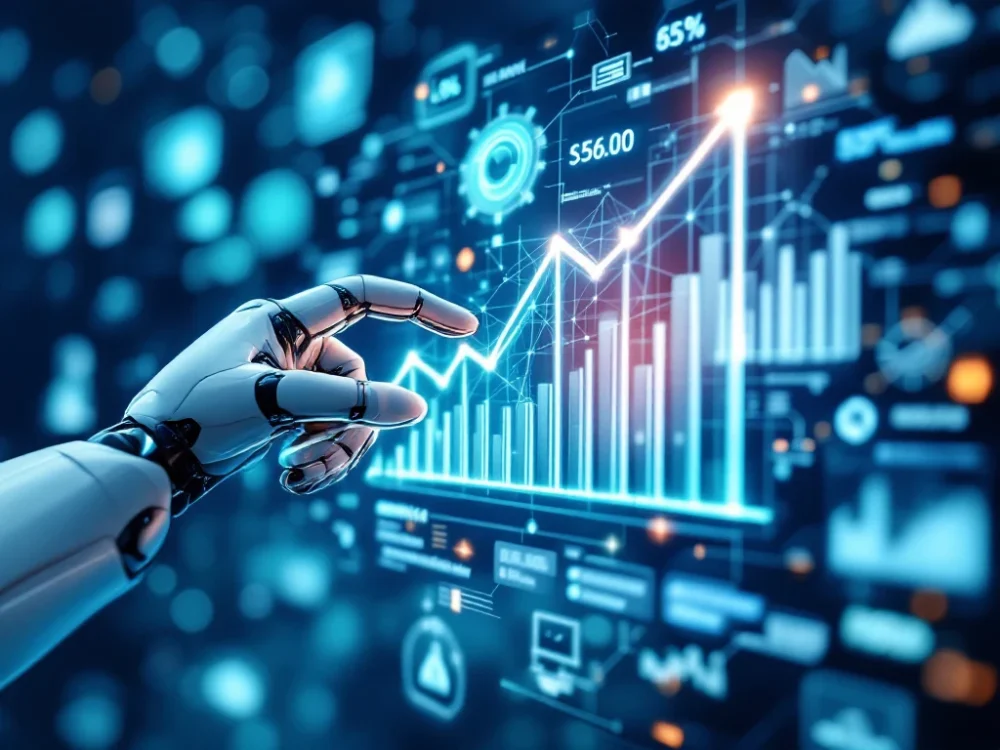 Futurystyczny panel analityczny SEO z rosnącym wykresem ruchu organicznego, robotycznym ramieniem wskazującym metryki i siecią neuronową wizualizującą wyniki wyszukiwania.