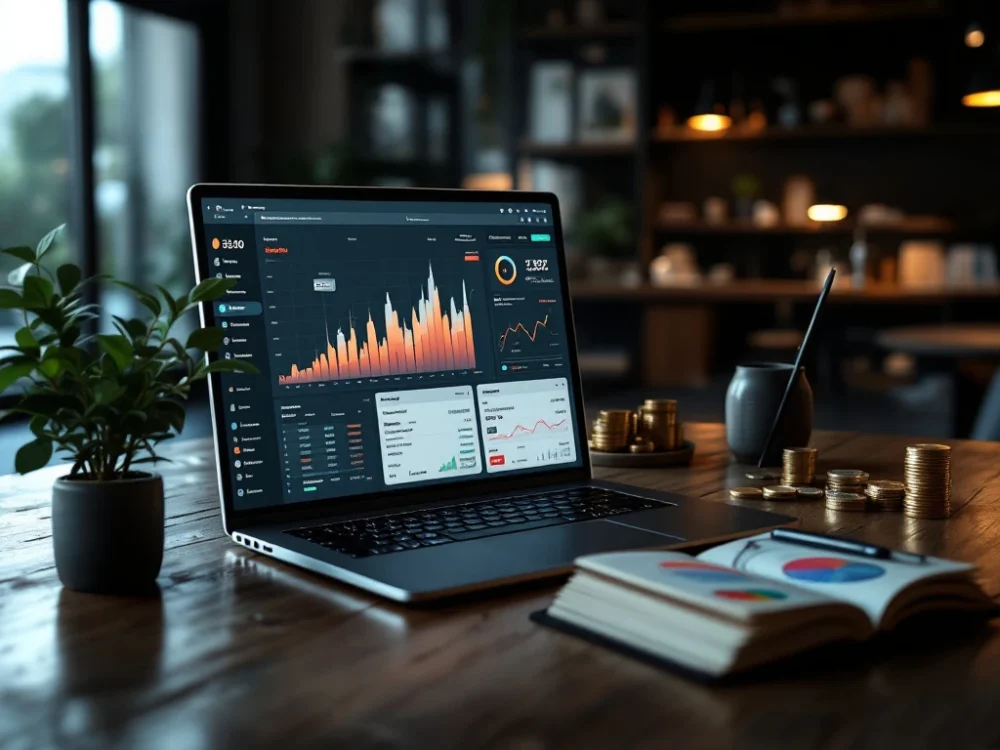 Nowoczesne stanowisko pracy z laptopem wyświetlającym rosnące wykresy sprzedaży, tabletem z workflow i symbolami oszczędności czasu i pieniędzy w biurowo-technologicznej scenerii.