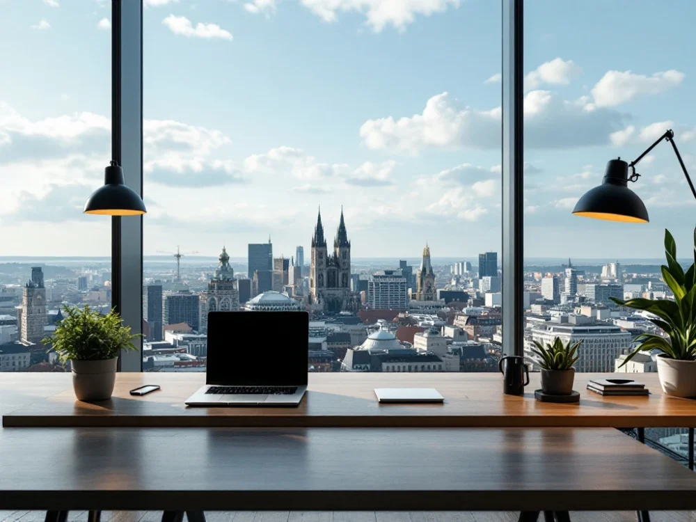 Biurko z laptopami pokazującymi dane sprzedażowe i sieć biznesową, model wieżowca i uścisk dłoni symbolizujący umowę outsourcingową we Wrocławiu.