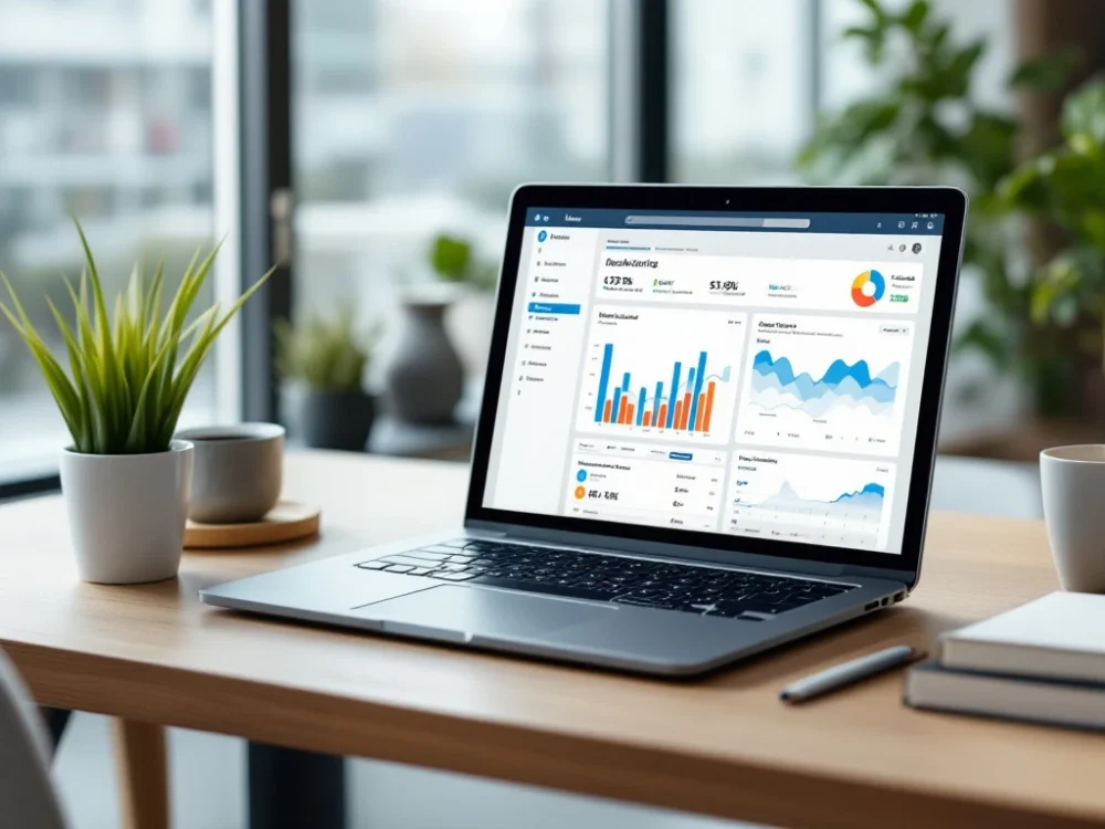 Eleganckie biurko z laptopem prezentującym dashboardy Pipedrive, tabletem z wykresami wzrostu, notesem ze schematem sprzedaży i filiżanką kawy w nowoczesnym biurze.