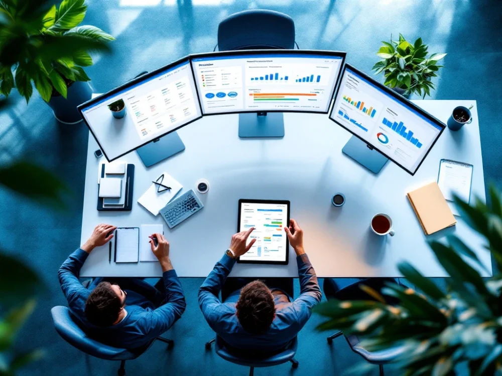 Nowoczesna przestrzeń biurowa z monitorami wyświetlającymi pulpity Pipedrive CRM, gdzie zespół współpracuje nad raportami sprzedaży i analizą pipeline'ów.