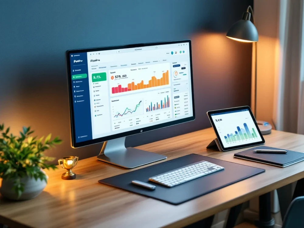Nowoczesne biurko z monitorem wyświetlającym pulpit Pipedrive CRM, tabletem z wykresami analitycznymi i eleganckimi akcesoriami biurowymi.