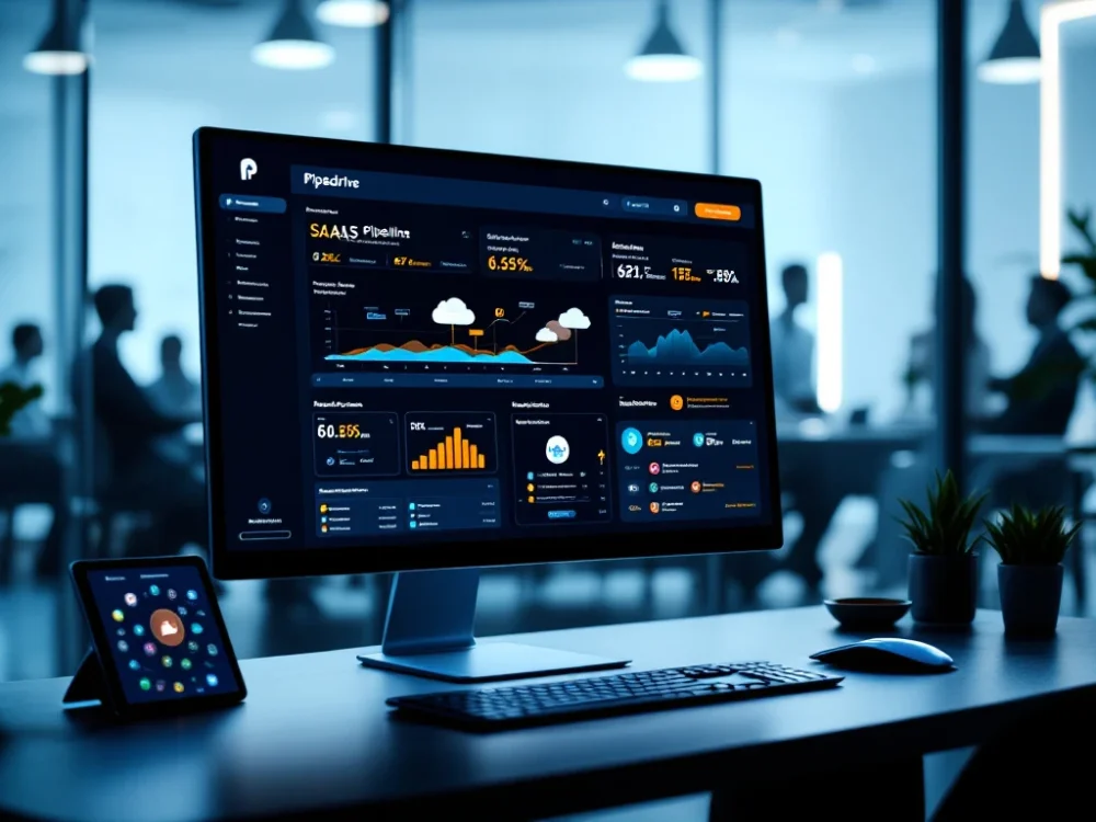 Nowoczesne stanowisko pracy z monitorem wyświetlającym dashboard Pipedrive, analizami i wizualizacją pipeline SaaS. Obok tablet z ikonami usług chmurowych.
