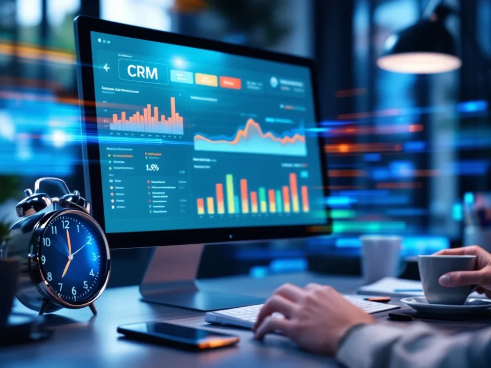 Nowoczesne stanowisko pracy z monitorem wyświetlającym dashboard CRM, smartfonem z powiadomieniami i zegarem. Profesjonalne oświetlenie podkreśla wydajną przestrzeń.