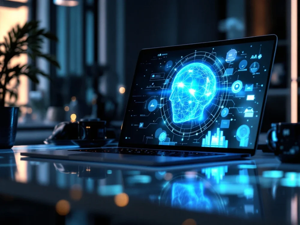Futurystyczne biurko z laptopem wyświetlającym analityki SEO i holograficzną projekcją mózgu AI, połączoną świetlistymi liniami danych z wykresami w niebiesko-szarej kolorystyce.