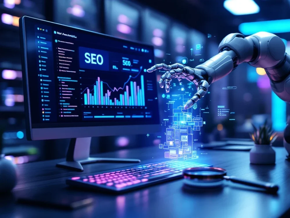 Futurystyczne stanowisko analityczne SEO z holograficznymi projekcjami algorytmów, robotycznym asystentem i pulpitem nawigacyjnym pokazującym rosnące wykresy.