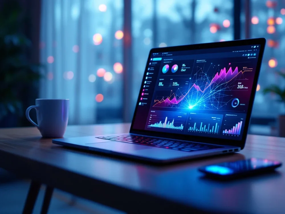 Nowoczesny laptop z dashboardem SEO i holograficzną siecią neuronową na eleganckim biurku. Wizualizacje algorytmów w niebiesko-fioletowej tonacji.