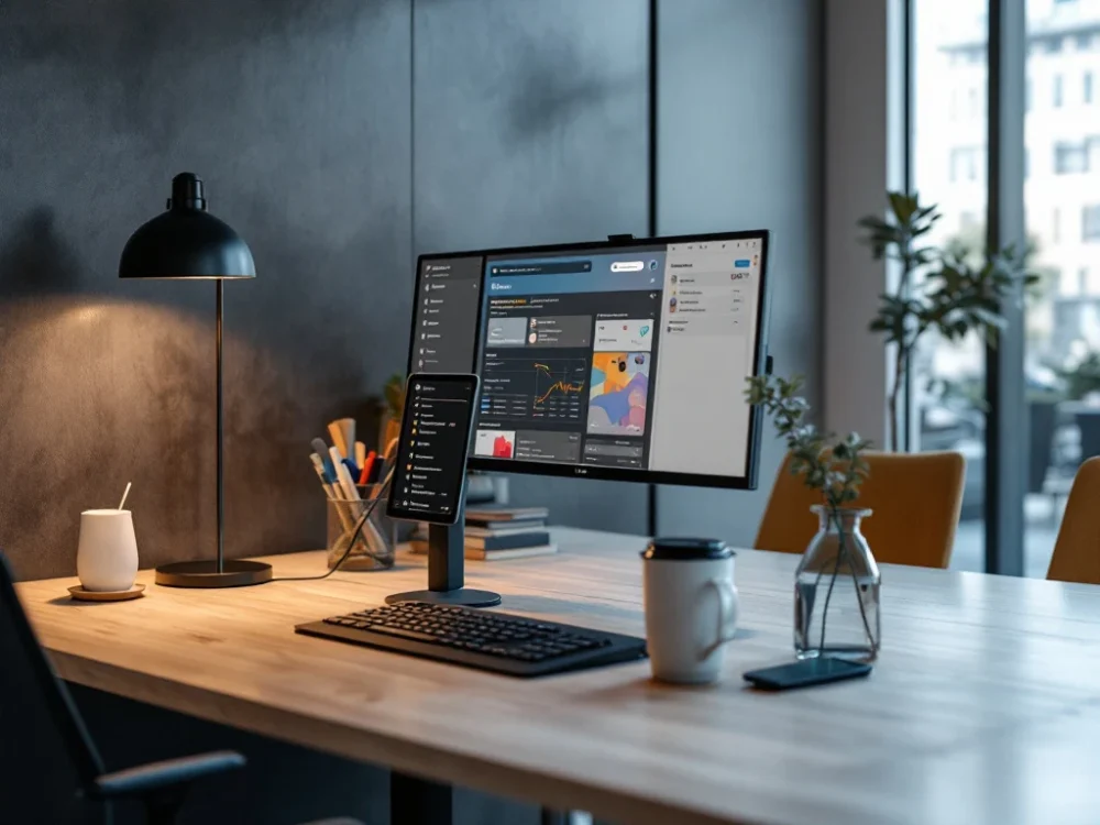 Nowoczesne stanowisko pracy z monitorami wyświetlającymi wykresy sprzedażowe i dashboardy CRM Pipedrive. W tle sala konferencyjna z prezentacją wyników.