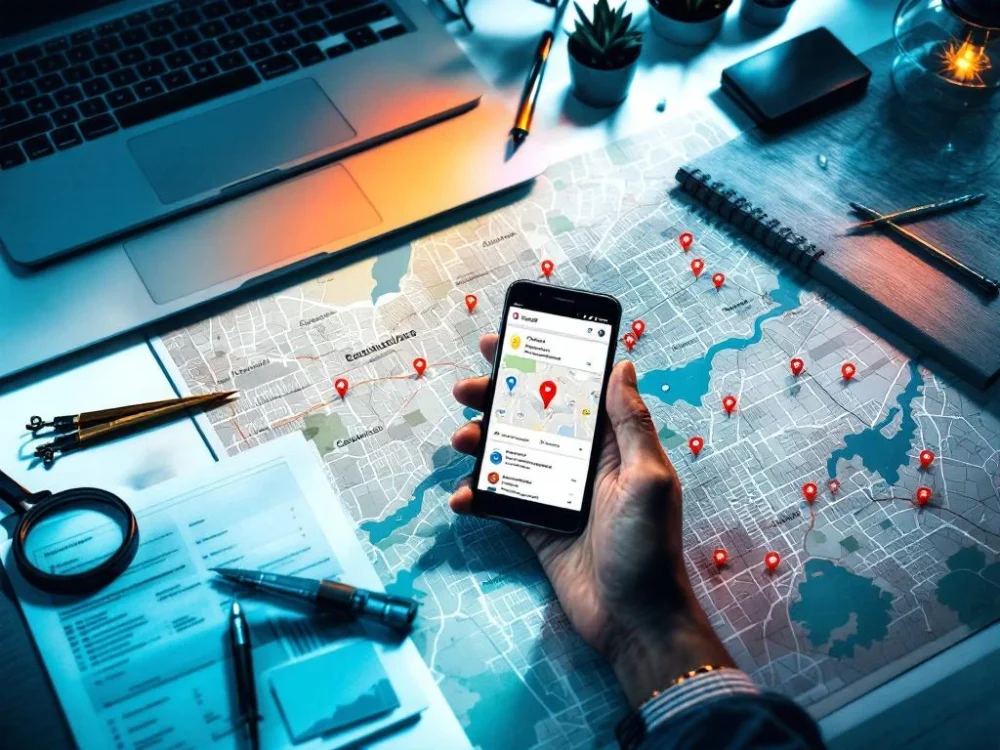 Biurko z mapą Google wyświetlającą lokalizację firmy na smartfonie, wynikami wyszukiwania na laptopie i mapą miasta. Kompas i lupa podkreślają tematykę lokalnego SEO.