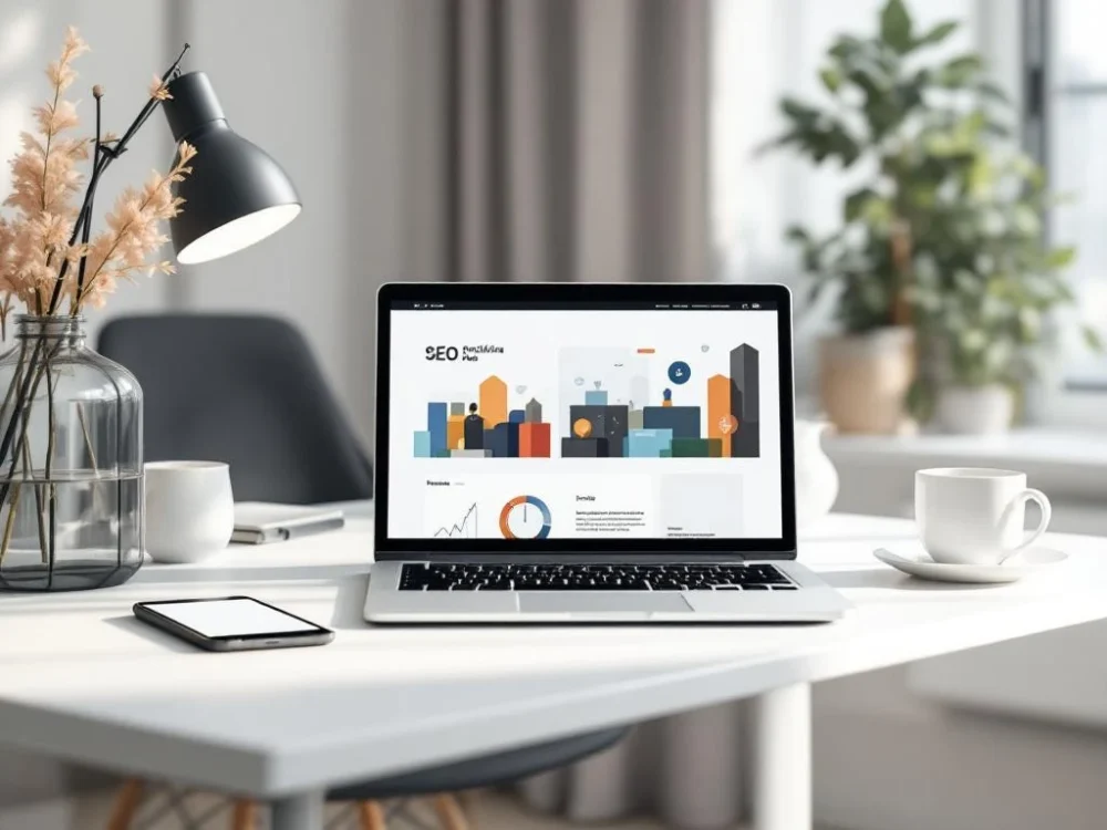 Smartfon, tablet i laptop prezentujące responsywną stronę internetową i narzędzie SEO na minimalistycznym białym biurku. Stonowana niebiesko-szara kolorystyka z pomarańczowymi akcentami.