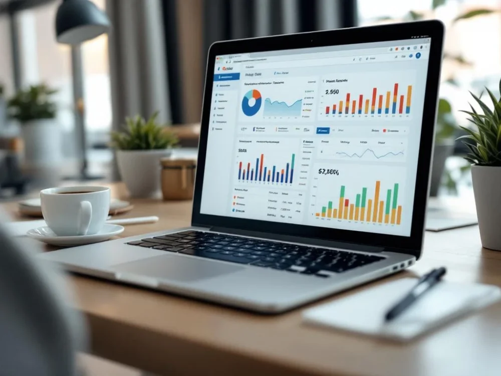 Eleganckie biurko z laptopem wyświetlającym dashboard SEO, filiżanką kawy i notatkami z kluczowymi słowami w profesjonalnym biurowym otoczeniu.