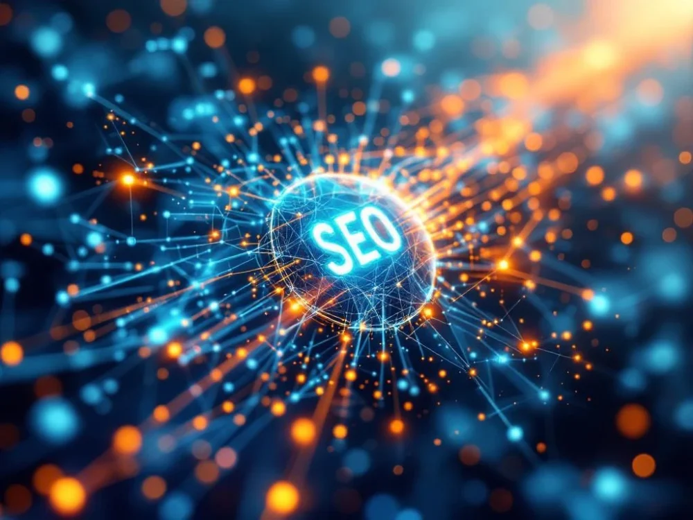 Trójwymiarowa sieć połączeń SEO off-page z backlinkami prowadzącymi do platform zewnętrznych na tle wyników wyszukiwania Google.