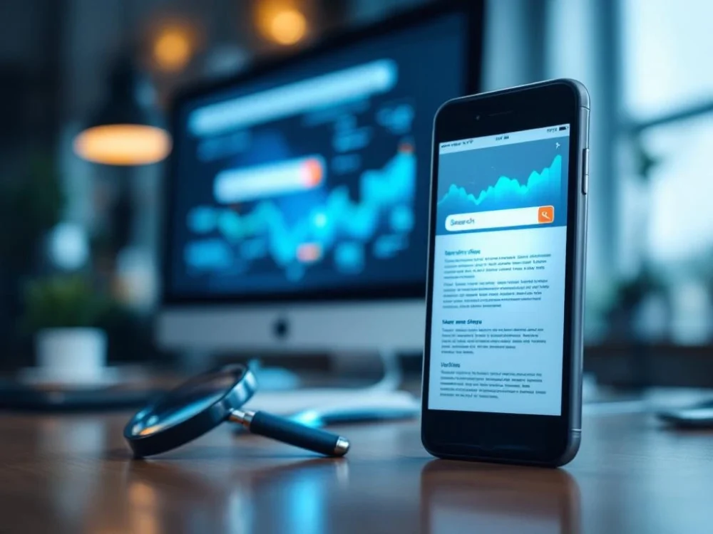 Smartfon wyświetlający uproszczony układ strony internetowej na pierwszym planie, z rozmytym monitorem w tle. Niebieskie światło i lupa symbolizują indeksowanie mobilne SEO.