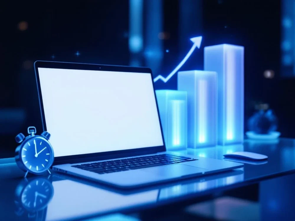 Nowoczesny laptop wyświetlający stronę z wskaźnikiem prędkości i rankingiem wyszukiwania, na szklanym biurku z profesjonalnym niebieskim oświetleniem.