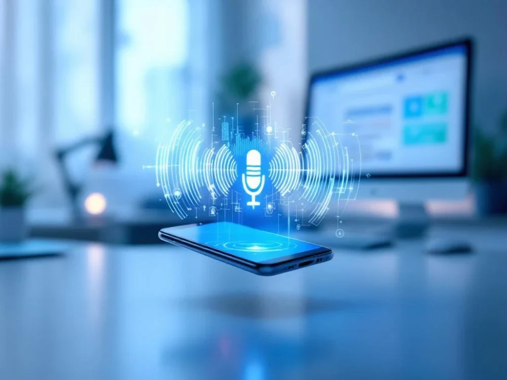 Smartfon z funkcją wyszukiwania głosowego, z którego emanują fale dźwiękowe przekształcające się w dane płynące do monitora w nowoczesnym polskim biurze.