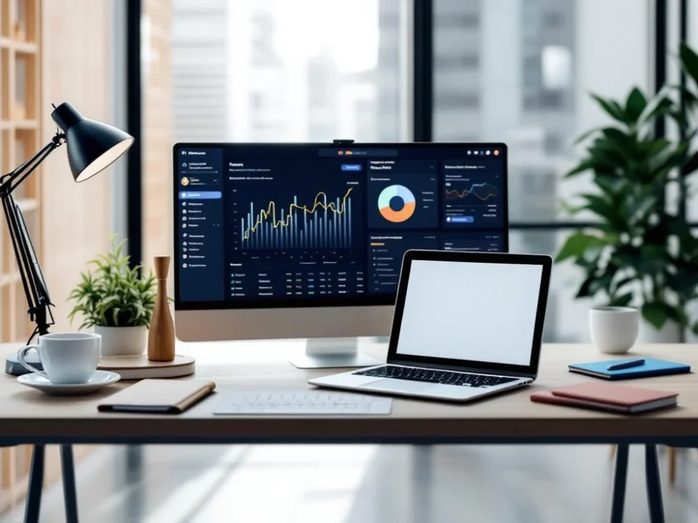 Nowoczesne biurko biznesowe z góry z laptopem pokazującym dane sprzedażowe w Pipedrive, tabletem z chatbotem i smartfonem. Puste krzesło sugeruje automatyzację B2B.