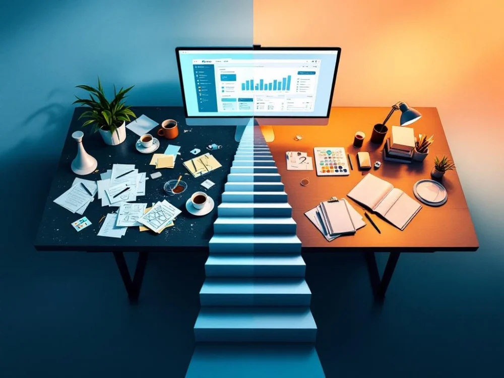 Nowoczesne biurko z monitorem pokazującym interfejs Pipedrive CRM, przechodzące od chaotycznej organizacji do uporządkowanego systemu pracy z symbolicznymi schodami rozwoju.