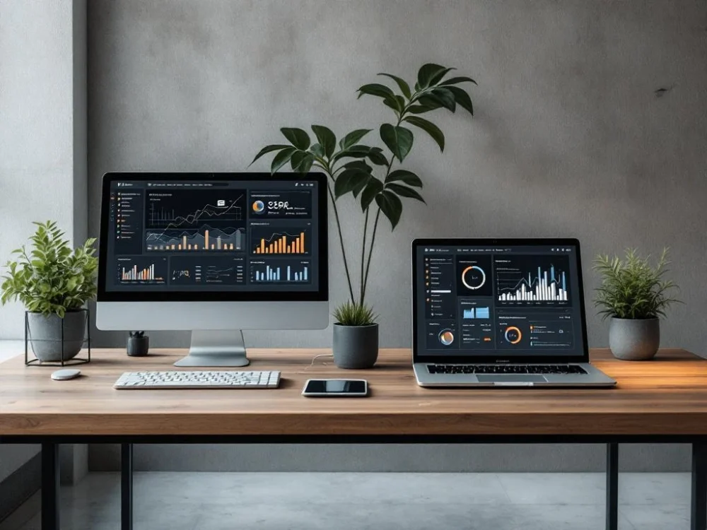Profesjonalne biurko z dwoma laptopami pokazującymi dashboardy CRM, tabletem do zarządzania sprzedażą oraz dokumentami biznesowymi w nowoczesnej przestrzeni biurowej.