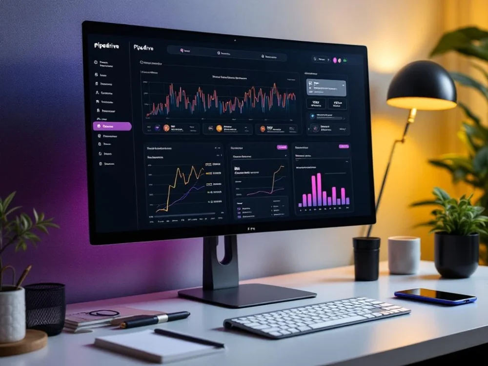 Nowoczesne biurko z monitorem wyświetlającym dashboard Pipedrive, tabletem śledzącym leady B2B, notatkami strategii sprzedażowej i kawą w eleganckiej przestrzeni biurowej.