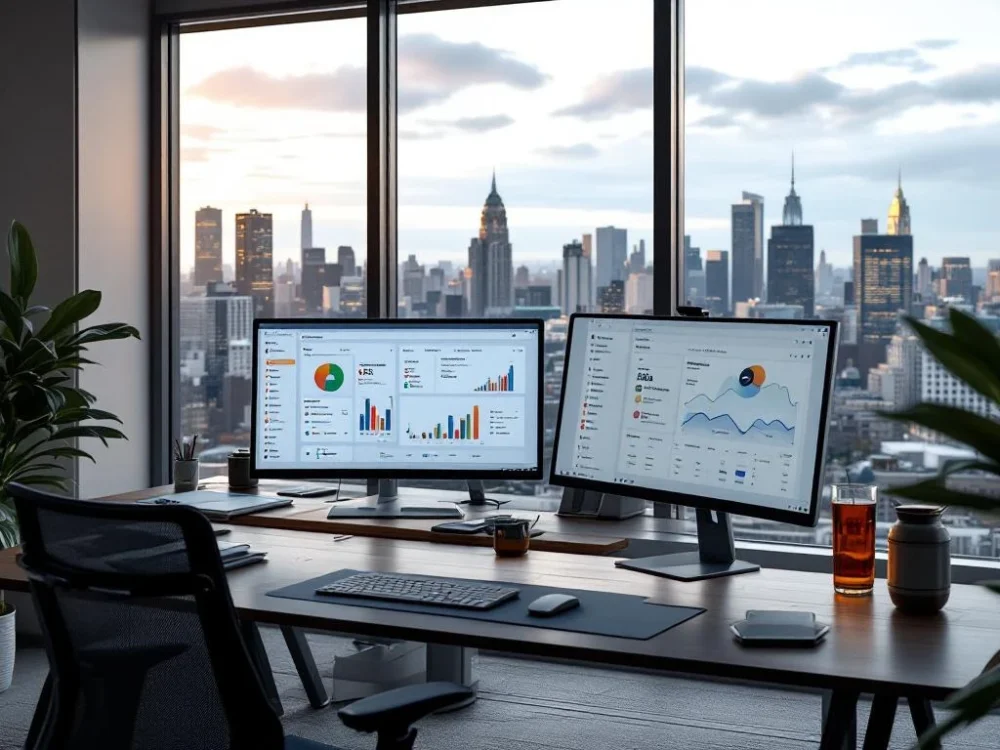 Eleganckie biuro z dwoma stanowiskami pracy. Na monitorze dashboard Pipedrive z wykresami sprzedaży, obok tablet i dokumenty. Panorama miasta biznesowego za oknem.