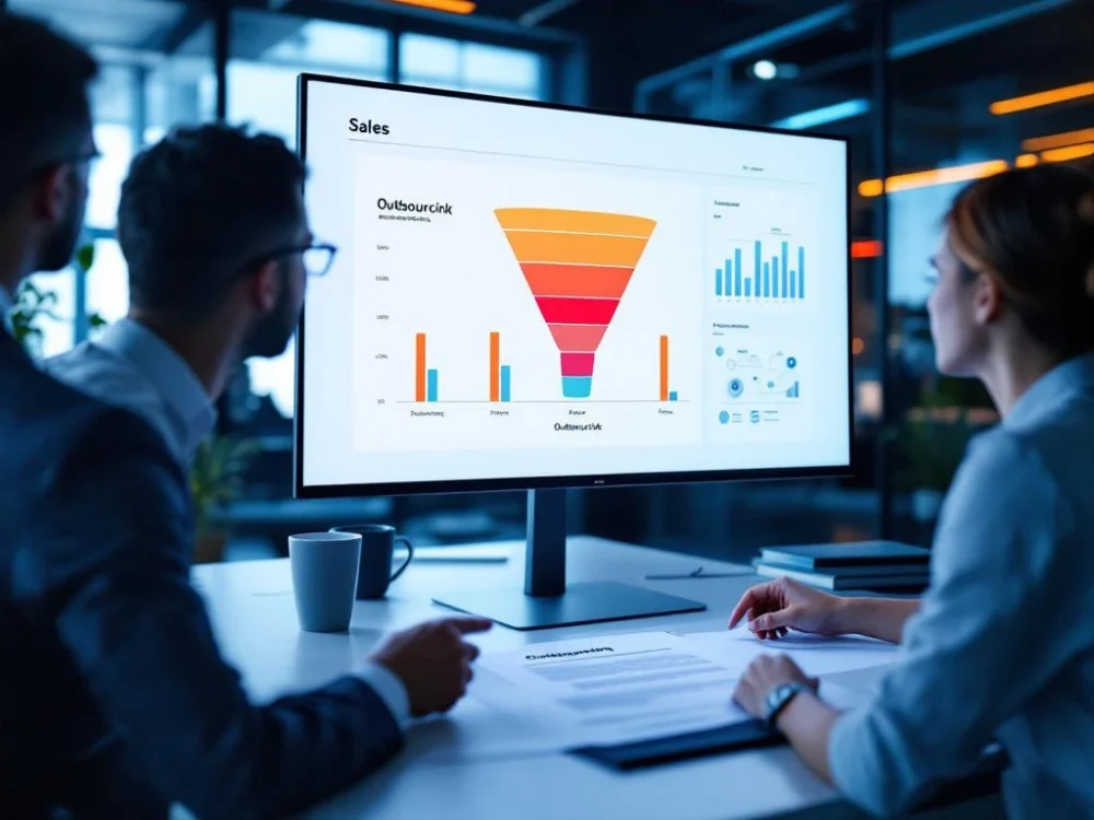 Dashboard sprzedażowy z czerwonym wąskim gardłem analizowany przez dwóch specjalistów przy biurku z umową outsourcingową i systemem CRM.