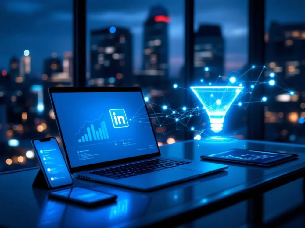 Przestrzeń robocza z laptopem wyświetlającym LinkedIn, smartfonem i tabletem. Cyfrowe połączenia płyną do lejka leadów na tle Wrocławia.
