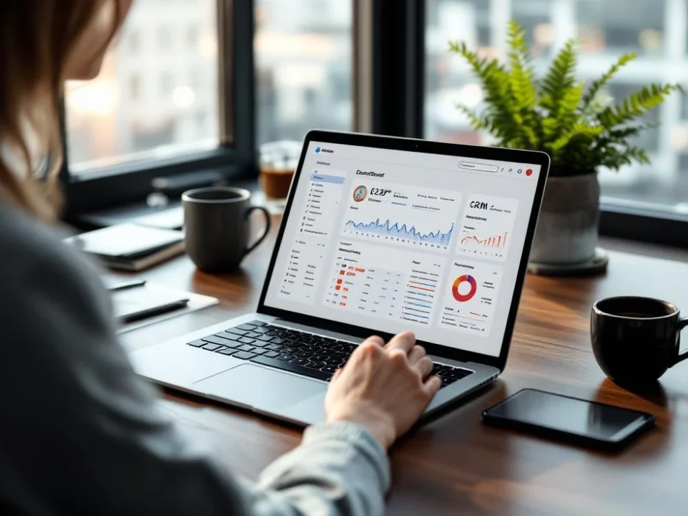 Nowoczesne biurko z laptopem wyświetlającym dashboard CRM, tabletem z listą klientów B2B i notesem strategicznym w przestronnym biurze z panoramą Wrocławia.
