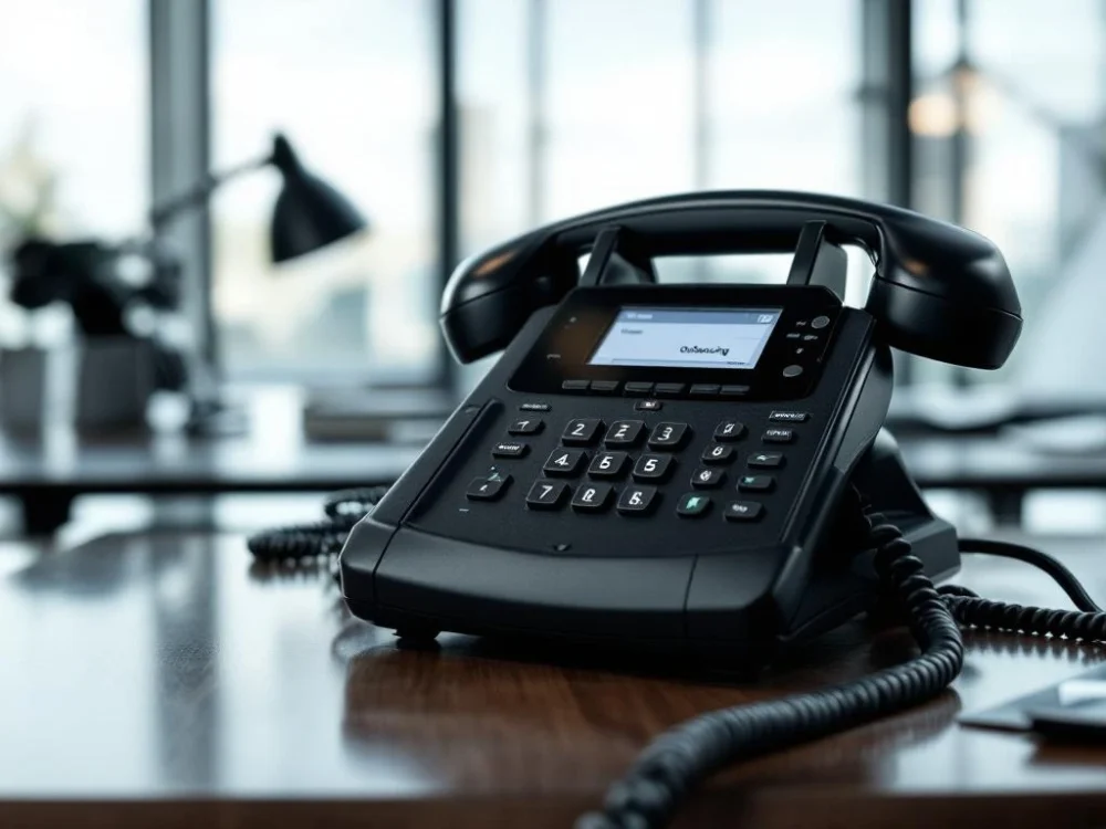 Biznesowe biurko z dwoma telefonami – nieaktywnym, zakurzonym oraz drugim z wykresem wzrostu. Dłoń w garniturze przesuwa dokument "outsourcing" w nowoczesnym biurze.