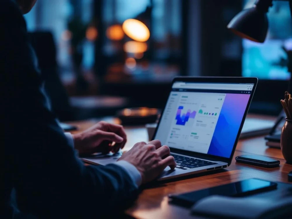 Eleganckie biurko z laptopem wyświetlającym interfejs Pipedrive CRM, wykresami sprzedaży i pipeline'ami. Obok smartfon z powiadomieniami i notatnik.