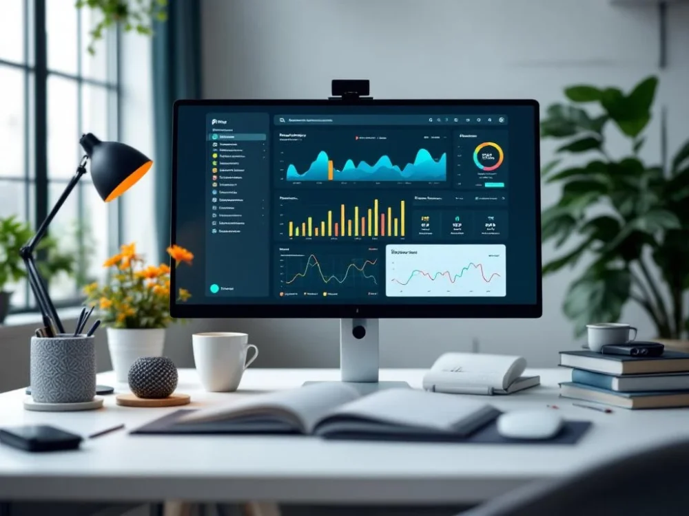 Nowoczesne stanowisko pracy z monitorem wyświetlającym dashboard Pipedrive, tabletem z procesem wdrożenia CRM, oraz eleganckim zestawem akcesoriów biurowych.