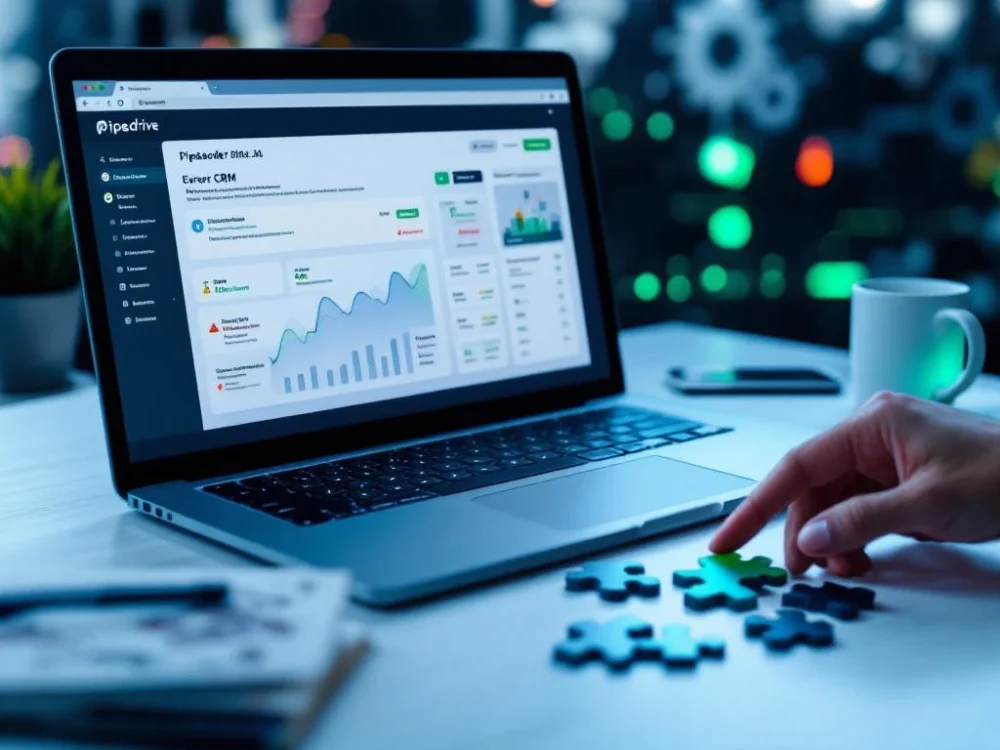 Nieprawidłowy pulpit Pipedrive na laptopie i puzzle CRM z niedopasowanymi elementami. Dłoń sięgająca po brakujący kawałek w nowoczesnym biurze.