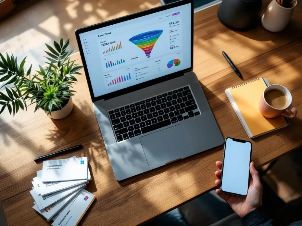 Profesjonalne biurko z laptopem wyświetlającym diagram lejka sprzedaży, smartfonem, wizytówkami i CRM. Roślina, kawa i minimalistyczne akcesoria dopełniają kompozycję.