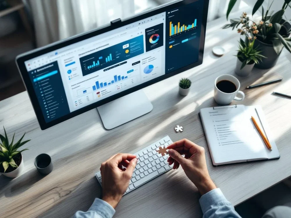 Stanowisko pracy z monitorem wyświetlającym dashboard CRM i wizualizację sprzedaży, ręka układająca puzzle strategii wdrożeniowej.