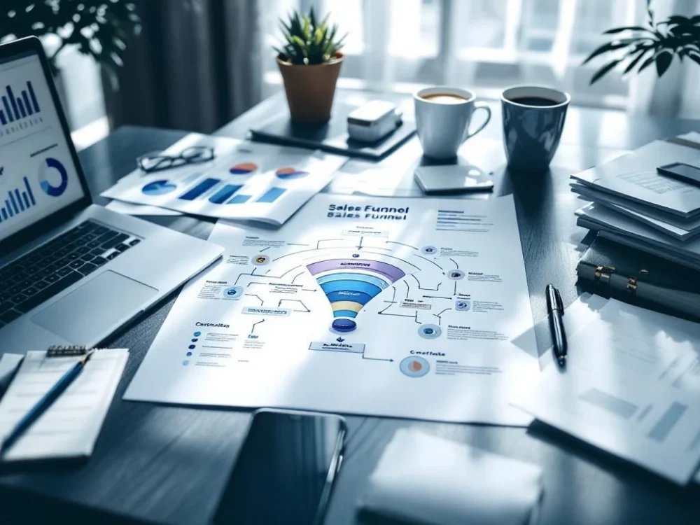 Schemat lejka sprzedażowego B2B na biurku z laptopem wyświetlającym analizy, smartfonem, dokumentami i akcesoriami biurowymi w profesjonalnym oświetleniu.