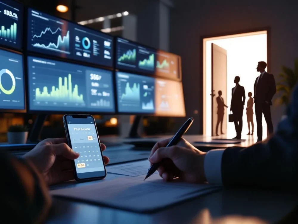 Biznesmen podpisujący umowę w biurze z monitorami prezentującymi dashboardy sprzedażowe, podczas gdy przez drzwi wchodzą sylwetki outsourcowanego personelu sprzedaży.