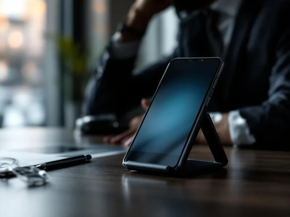 Nowoczesny telefon biznesowy z niebieskim podświetleniem na szklanym biurku, otoczony szarymi telefonami, z laptopem i notesem, symbolizujący wyjątkowość w prospectingu.