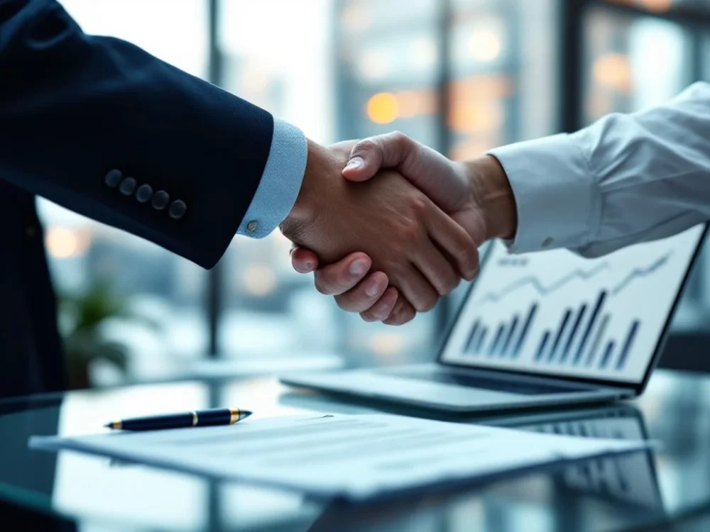 Profesjonalny uścisk dłoni symbolizujący partnerstwo B2B, przy stole konferencyjnym z laptopem pokazującym rosnące wykresy i dokumentem umowy, w tle panorama miasta.