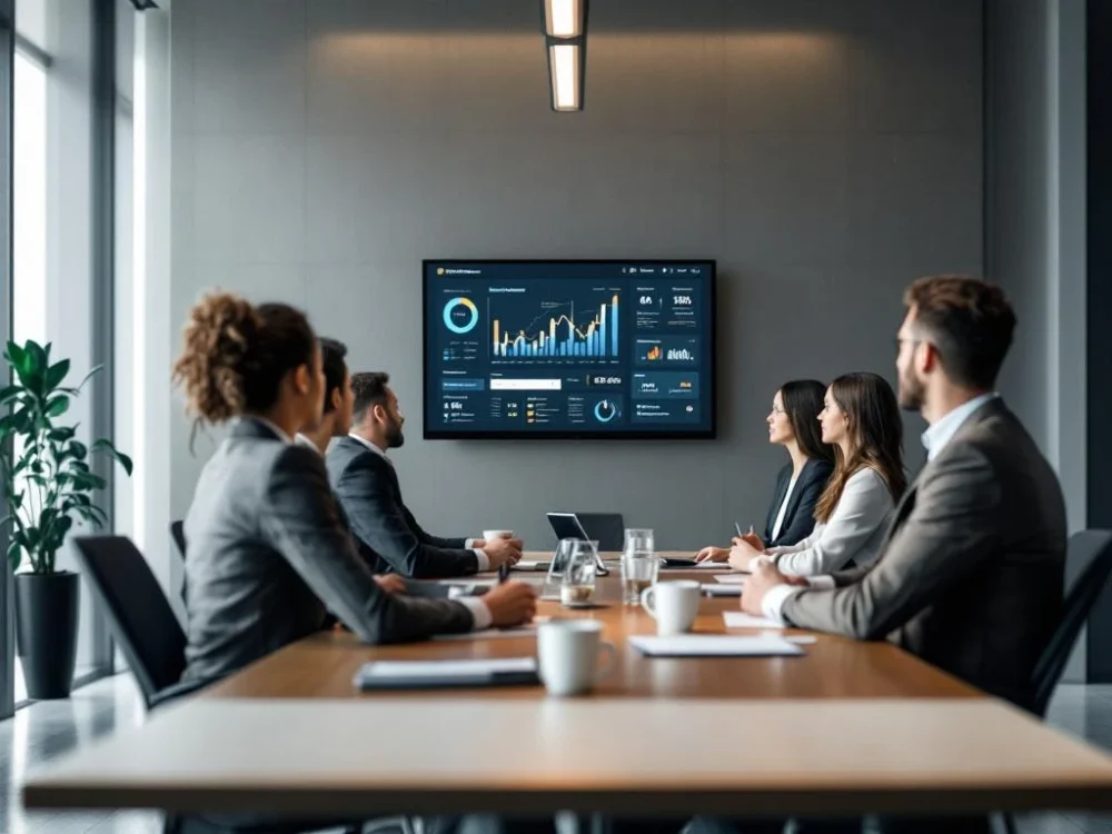 Nowoczesne biurko z dashboardem zarządzania sprzedażą na ekranie, notatnikiem, kubkami do kawy i holograficznym wyświetlaczem. W tle sala konferencyjna.